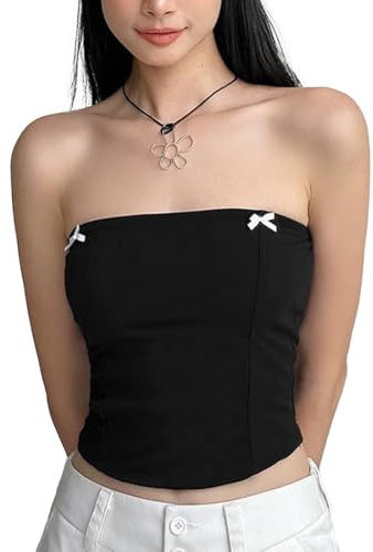 AOWVUTS Débardeur sans Bretelles pour Femme Bandeau Tube Tops sans Manches avec Nœud Papillon Été Bustier Debardeur Sexy Chemise Haut Court Blouse Élégant Crop Top Y2K Dos Nu Caraco Camisole T-Shirt