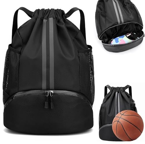 Vinuwu Drawstring Bag Sports Soccer Basketball Volleyball Bag Waterproof String Swimming Gym Backpack with Shoes Compartment Wet Proof Pocket for Women Men (Black)