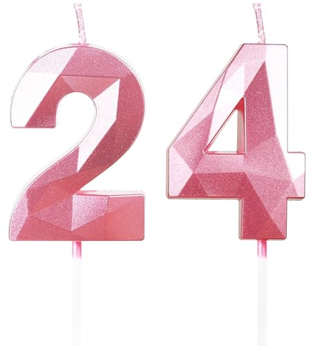 Yiran Pink 24th Birthday Candles, Number 24 Happy Birthday Candles, Pink Cake Topper Decorations for Birthday Party, Wedding Anniversary Celebration Supply for Girls Women