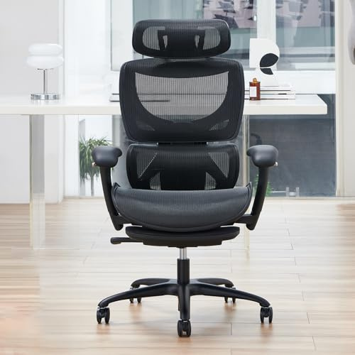 COLAMY Ergonomic Mesh Office Chair with Footrest, Executive High Back Computer Desk Chair with Wide Headrest and Adjustable 3D Arms, Fixed Tilt Lock and Lumbar Support (Black)