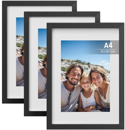 SONGMICS Bilderrahmen A4, 21 x 29,7 cm, Fotocollage, Kunstrahmen, MDF-Rahmen, spurlose Wandhaken, 3er Set, aufhängen, aufstellen, schwarz RPF056BZ01