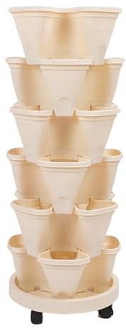 Haofy Macetero de Fresas Apilable de 6 Niveles, Macetas de Jardín Verticales con Ruedas, Platillo Extraíble para Jardinería Urbana y Crecimiento de Verduras