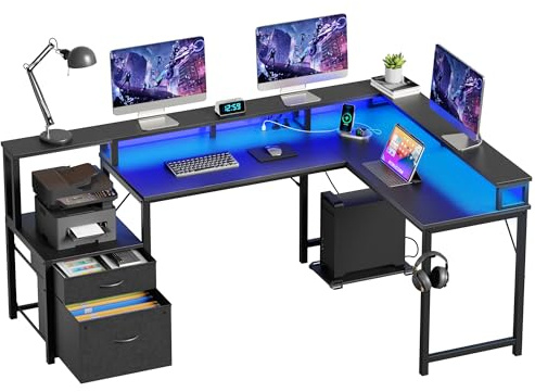 YOUDENOVA Scrivania angolare con cassetti, scrivania a forma di L, 168 x 100 cm, tavolo da gioco con scrivania per computer a LED, con presa di corrente e porta di ricarica USB, colore: nero