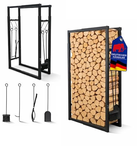 PROREGAL Verstellbares Kaminholzregal PHOENIX innen & außen Metall mit Besteck 100-150x40-65x25cm 4 Kaminwerkzeugen Schwarz Kaminholzständer 5-teilig Brennholzregal 9 Größen für Kamin & Ofen