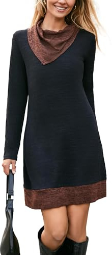 STYLEWORD Women's Jumper Dress Long Sleeve Tunic Dress Cowl Neck Ladies Casual Sweater Tops for Autumn Winter(Black,L)