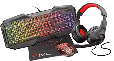 Trust Gaming GXT 1180RW USB-Kopfhörer-Set, beleuchtete Tastatur mit 12 Multimedia-Tasten und Anti-Ghosting, italienisches QWERTY-Layout, Maus mit 6 Tasten, rutschfeste Matte – Schwarz