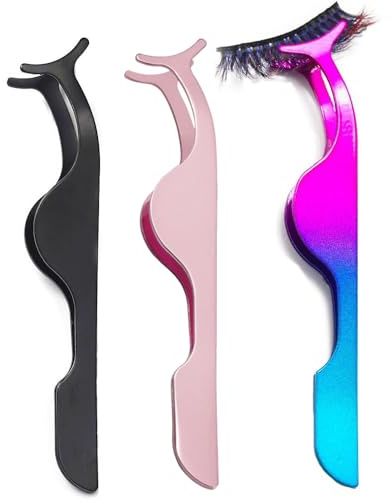 False Eyelash Tweezers for Lash Clusters 3PCS Professional Eyelashes Applicator Tool Stainless Steel Remover Clip Eyelashes Extension Tweezers Curved(Black, Champagne Purple,Assorted Color)