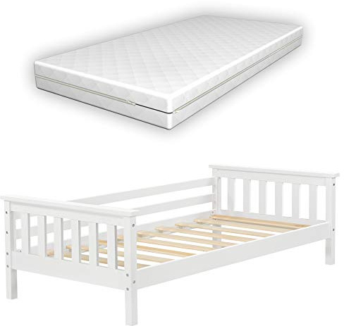 [en.casa] Letto per Bambino con Materasso Ipoallergenico a Schiuma Fredda 80x160 cm Letto di Design Moderno in Legno di Pino con Testiera e Pediera - Bianco