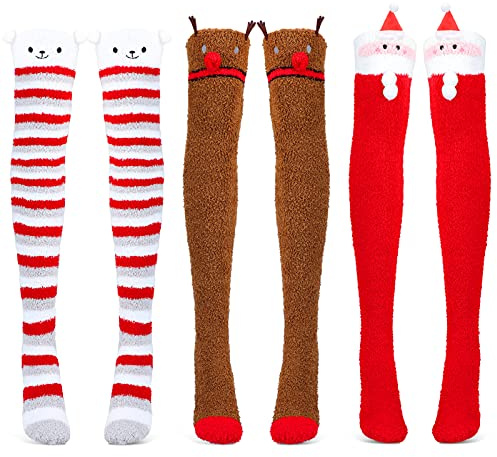 Qpout 3 Pares De Calcetines Navideños Por Encima De La Rodilla, Calentadores De Piernas De Vellón Térmico, Calcetines De Salón Cálidos y Esponjosos, Lindos Calcetines Para El Hogar Para El Invierno
