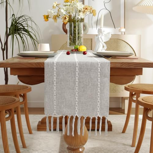 Wracra Cotton Linen Light Grey Table Runner, Modern Rustic Table Runners | 33 × 275 cm, Boho Table Runner, Washable, Embroidered, Heat-resistant, Thick and Sturdy, Dining Room, Home Decor
