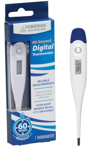 Veridian Healthcare Digital Thermometer | 60-Second Readout | Fever Alert + Memory Recall| Clinical Rigid Tip | Hygienic Water-Resistant Easy Cleaning | Storage Case + Probe Covers Included