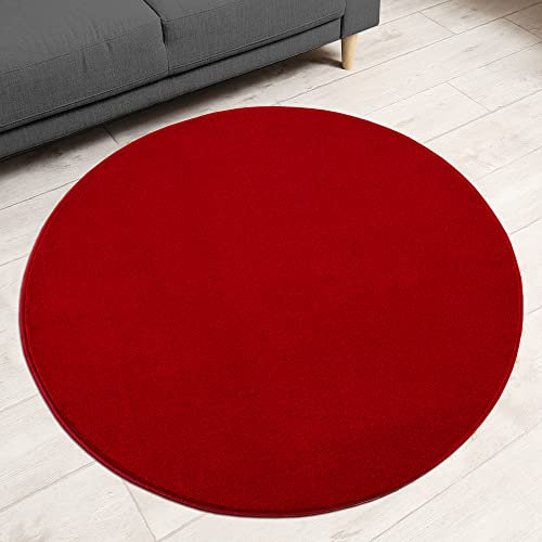 Impression Kurzflor-Wohnzimmerteppich - Schlichte Moderne Teppiche für Schlafzimmer, Büro, Flur, Küche, Kinderzimmer - Rot, 120 cm Rund