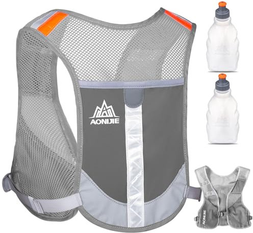 HINATAA Laufrucksack, leicht, Trinkrucksack, 5 l, 230 g, Laufen, Trinkweste für Damen und Herren, zum Radfahren, Laufen, Camping, Wandern (Grau mit 2 Wasserflaschen)