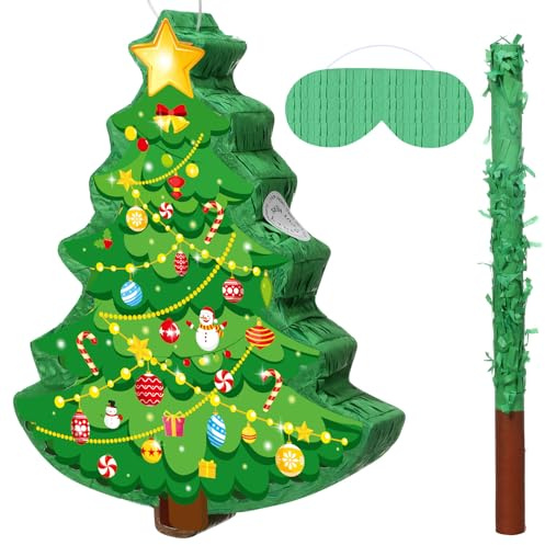 Christmas Tree Piñata 16 Inch Christmas Mexican Piñata with Stick Blindfold Xmas Piñatas Bundle for Xmas Birthday Holiday Game Favors Photo Prop Decoration