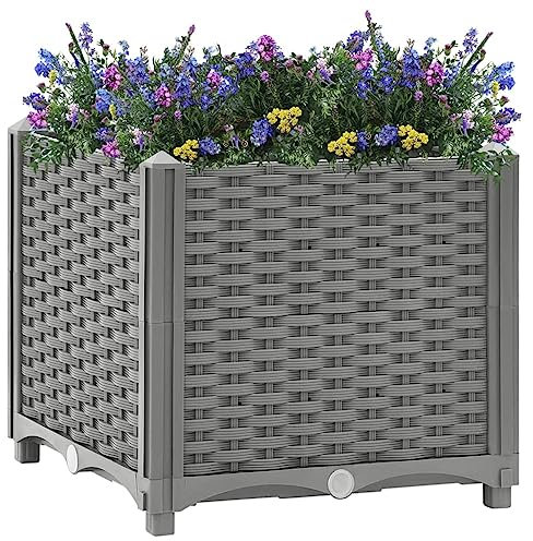 Gecheer Blomrabatt, upphöjd bädd för trädgård balkong terrass, grönsaksbädd, planteringslåda för att bygga själv, blomrabatt blomlåda 40 x 40 x 38 cm (L x B x H) rottinglook, polypropen ljusgrå