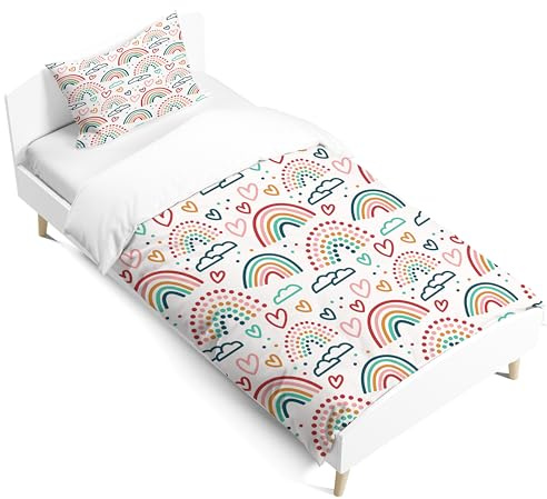 Juego de ropa de cama para niña con arcoíris, funda de almohada de 65x65 cm, funda nórdica de 140x200 cm, nubes estilo dibujos animados, juego de cama con cierre suave. (Estilo F, 140x200cm)