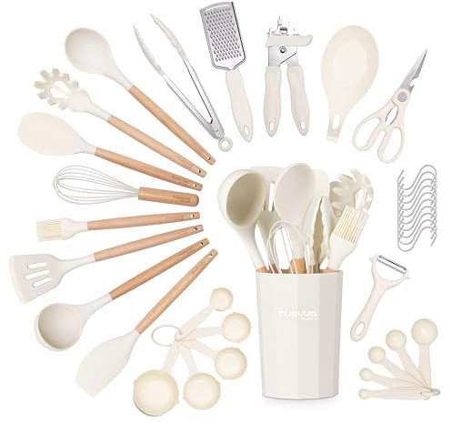 Set di utensili da cucina antiaderenti, in silicone resistente al calore, con manico in legno, mestoli, cucchiai e spatole, utensili da cucina e accessori, 35 pezzi, color crema Nuovva