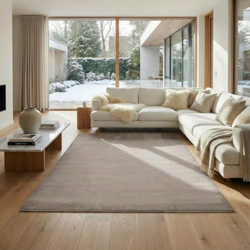 Jimri Flauschiger Teppich Läufer - Hochwertiger Kurzflor für Zuhause, Büro, Küche, Eingang, Flur, Wohnzimmer - Maschinenwaschbar - Rutschfester Teppich Waschbar - 140x200 cm - Taupe