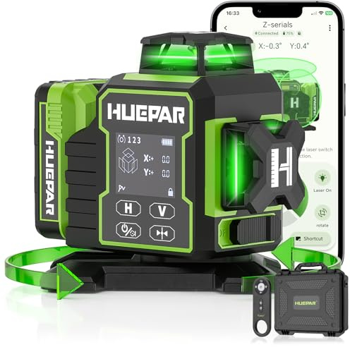 Huepar 3x360°Livella Laser Autolivellante con Bluetooth,12 Linee Verde Livello Laser dotato Base Rotante Elettrica,Grande Schermo LCD, Batterie Ricaricabili,Custodia Rigida e Telecomando-W03CG