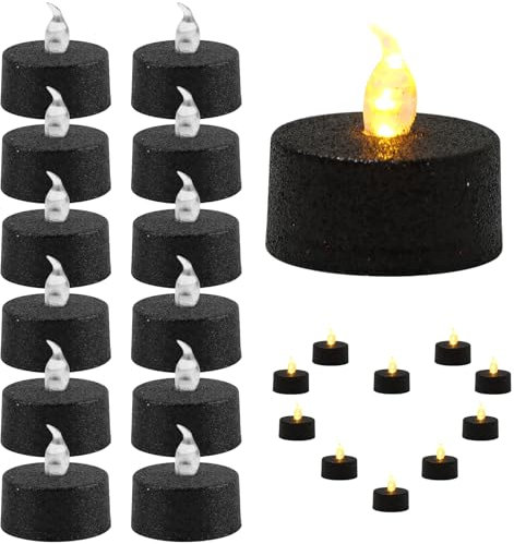 12pcs Flameless Tealight Candles, Black Realistic No Flickering Led Tealight Candle Long Lasting Battery Operated Halloween Christmas Tea Light Candles Ideal for Holiday Decor, Theme Party (black2)