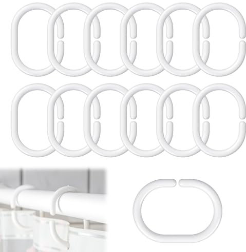 Duschvorhangringe, 12 Stück Stabilem Kunststoff Duschvorhang Ringe, Ringe für Duschvorhang in C-Form, Aus Stabilem Kunststoff Duschvorhang Ringe, Duschringe für Duschvorhangstangen