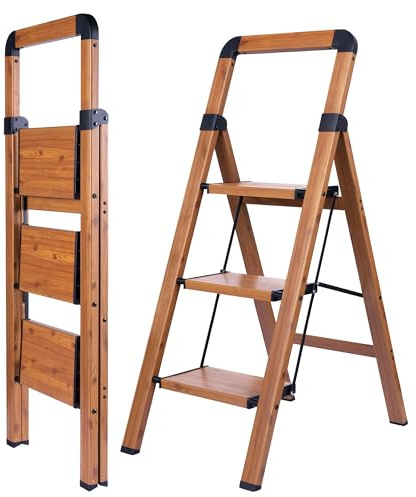 BIBKOKE Step Ladder Folding 3-Step Woodgrain Finish Aluminum Foldable Step Ladders,Anti-Slip for Home & Kitchen Office 330 lbs