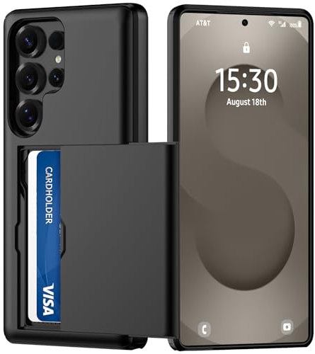 Coque pour Samsung Galaxy S25 Ultra avec Porte Carte, Silicone TPU Étui de téléphone, Antichoc Housse de Protection Bumper Cover Anti-Rayures Case Coque Portefeuille Fente Cachée Coulissante, Noir