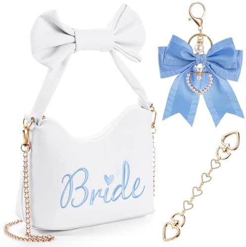 Abbylike 3 Pcs White Bride Purse for Women Cute Leather Bridal Shower Clutch Crossbody Wedding Gift Bag Bride to Be Handbags with Blue Satin Bow Extender for Bachelorette Bridal Engagement