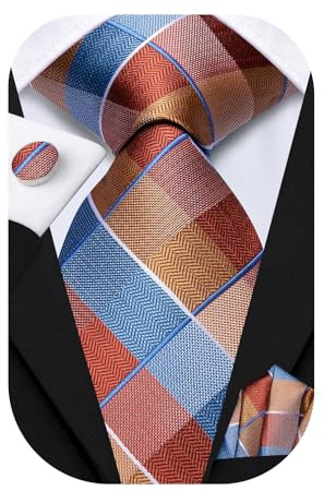 Dubulle Ties Set for Men Mens Rust Red Brown Checks Paisley Floral Striped Necktie and Handkerchief Cufflinks Wedding