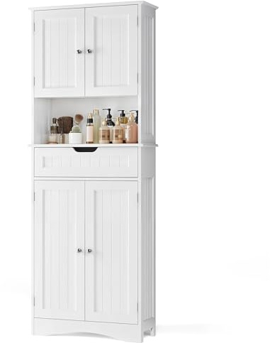 Blishom Mobiletto da bagno, mobiletto alto salvaspazio con quattro ante e un cassetto, ripiano aperto, ripiani regolabili e cassetto, 60 x 30 x 170CM, bianco