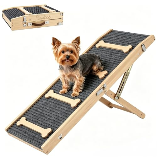 Pawaboo 2026 Upgrated Rampa Mejorada para Perros para Sofá Plegable, Madera | 7 Alturas Ajustables de 2.2 a 18.5, Escalones Estables para Mascotas Pequeños con Almohadilla Antideslizante