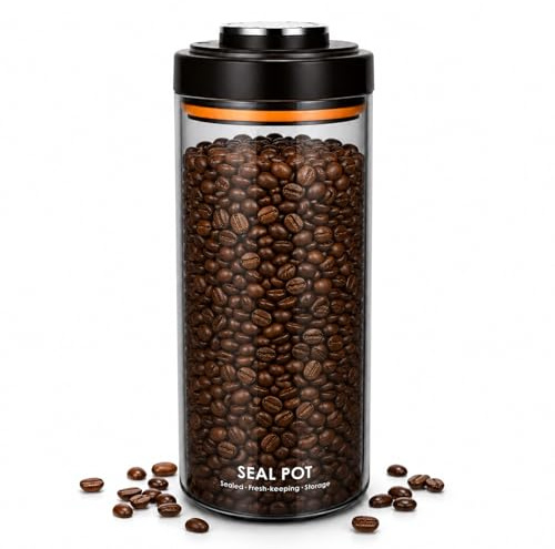 1.8L Airtight Coffee Bean Storage Container with One-Way CO2 Valve | Borosilicate Glass Coffee Canister with Date Tracker, Wide-Mouth Kitchen Storage Jar for Sugar, Tea, Nuts (Black)