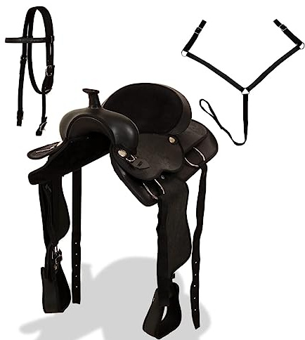 GeenYuu Western-sadel av äkta läder med matchande hölster och bröstblad 40 cm svart för häst och ponnyer, inklusive bälte och stigbygel, ergonomisk och bekväm för ridning och fritid