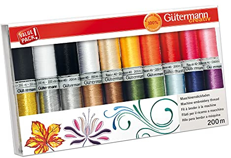 Gütermann creativ Set hilo para bordar a máquina con 20 bobinas en colores diferentes