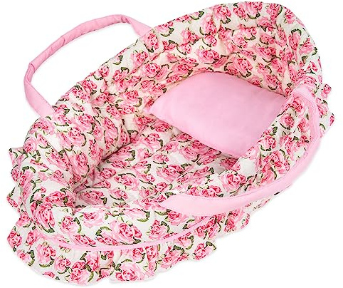Rakki Dolli Doll Carry Cot Set, Sweet Dreams Soft Bassinet Doll Carrier Includes 1 Cot and 1 Pillow, Pink Flower Doll Bassinet, Fits for 16 Inch 18 Inch American Girl Dolls