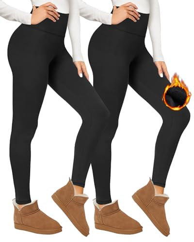 CAMPSNAIL 2er Pack Thermo Leggings Damen Im Winter, Gefüttert High Waist Thermohose Dicke Warm Fleece Leggins Blickdicht Für Sport (Schwarz/Schwarz,L/XL)