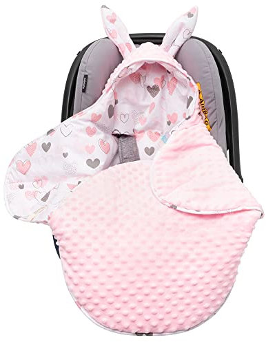 Mikos* Einschlagdecke für Babyschale Winter Kinderwagendecke, Fußsack Neugeborenes und Baby - Soft Minky und 100% Baumwolle, mit Füllung Kinderwagen Buggys z.B.Maxi Cosi 3 Punkt Gurt (37) (Rosa)