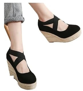 LEGOTO Espadrillas con Tacco da 10 cm Scarpe Singole con Zeppa in Pelle Scamosciata da Donna Tacchi Alti con Bocca Poco Profonda for l'autunno Primaverile Estivo (Color : Black 10cm, Size : 34)