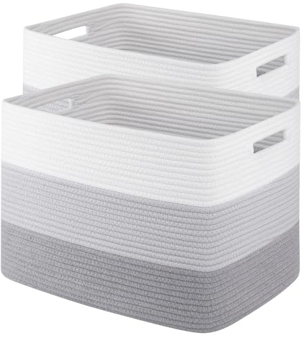 Storage Baskets for Organizing, 2 Pack Woven Basket for Storage, Rectangle Baskets for Shelves Closet Organizers, Toy Basket for Nursery Storage Living Room, Laundry Room, Bedroom (Gradient Grey)