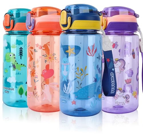 SENBSLAN Borraccia per bambini, 600 ml, a prova di perdite, in Tritan, con cannuccia, per bambini, motivo: balena blu