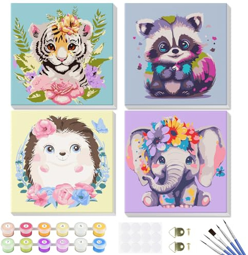 GHHKUD Paint by Numbers Kits for Children & Adults, 4 Pack Canvas Painting by Numbers Kit with Wooden Frame, Gifts for Kids Painting by Numbers, Acrylic Oil Kids Painting Set for Children - 8x8inch