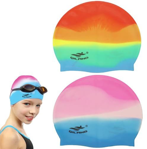 2 Stück Badekappe für Kinder, 5-14 Jahren Alter Bunt Silikon Kinder Badekappen Unisex, Schwimmkappe Kinder Lange Haare, 3D Dehnbare Bequeme Badehaube, Wasserdichte Bademütze Für Langes Und Kurzes Haar