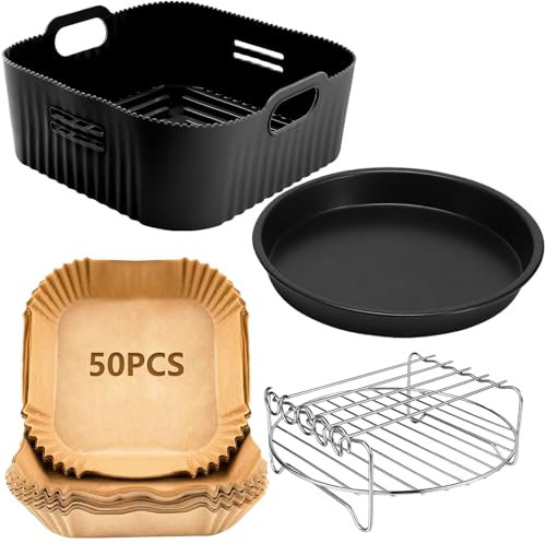 YINGRACE 23CM Accessoires Air Fryer pour Russell Hobbs XXL 8L 8,3L, Cecotec 7,6L, COSORI 6L/6,2L/6,4L, 4PCS Moule Air Fryer XXL avec Grille, Plateau à pizza, Moule Silicone, Papier Cuisson Air Fryer