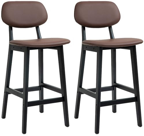 HOMCOM Bar Stools Set of 2, Contemporary Breakfast Bar Chairs, Faux Leather Upholstered Kitchen Stools with Backs and Solid Wood Legs, Brown