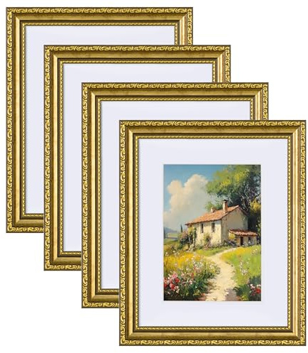 eletecpro 8x10 Picture Frames Set of 4, Gold Frames 8 x 10 with Glass Cover, Vintage Photo Frame Displays 5x7 Photo with Mat or 8x10 without Mat for Tabletop or Wall Decor, Gold