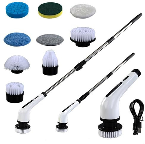 SH-RuiDu Limpiador giratorio eléctrico inalámbrico, potente cepillo de limpieza eléctrico 9 en 1 con 9 cabezales de cepillo reemplazables y mango largo extensible de 95-120 cm para baño, cocina