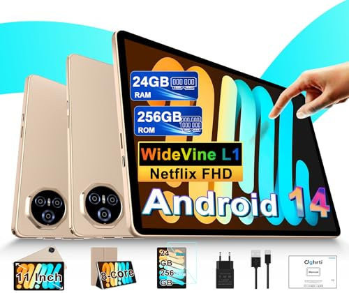 Dghrti Tablette 11 Pouces Android, Tablet Tactile, 24Go + 256Go, TF 1TB Extensible, 8000 mAh, UFS 2.2 Flash | 13MP + 5MP | Face ID | Widevine L1 | GMS Certified | 8-Cores 2.0 GHz | GPS | BT5.0- Or