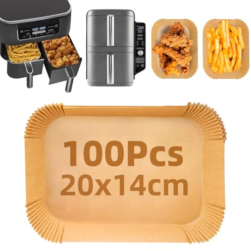 Papel para Freidora de Aire, 100 Piezas Engrosado 20x14cm Rectangular Papel de Horno Accesorios Compatible con Ninja AF300EU AF400EU DZ400EU SL400EU y Otras Dual Double Stack Air Fryer