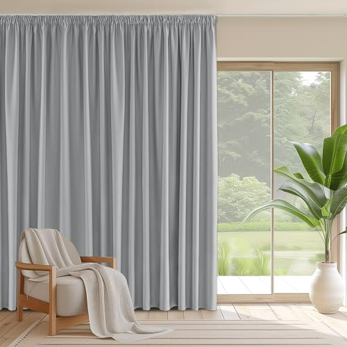 PONY DANCE Extra Long Room Divider Blackout Curtain - Pencil Pleat Thermal Insulated Privacy Curtain Super Soft Room Darkening & Energy Saving & Soundproof Panel, 1 Piece, 79 x 96 Inch, Silver Grey