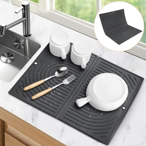 Oamwrae Silicone Dish Drying Mat, Folding Drainer Draining Board Matt for Kitchen Counter, Non-Slip, Quick Dry, Heat Resistant (43×34cm, Black)